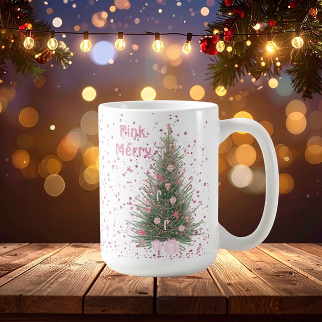 Pink "Merry" Weihnachten Pink Pine Tree individuel Kaffeetasse ("Pink Merry" I Christmas Pine Tree Personalized Coffee Mug)