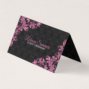 Pink Metal Lace Black Floral Damask Visitenkarten