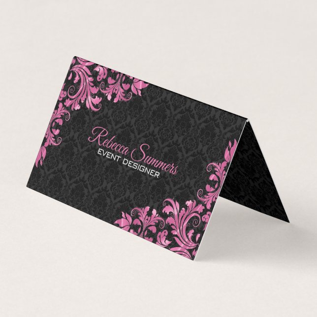 Pink Metal Lace Black Floral Damask Visitenkarten (Vorderseite)