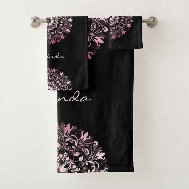 Pink Metallic Black | Floral Mandala | Monogramm Badhandtuch Set (Insitu)