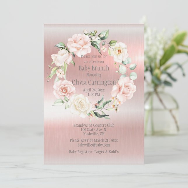 Pink Metallic Floral Baby Dusche Brunch Einladung (Stehend Vorderseite)