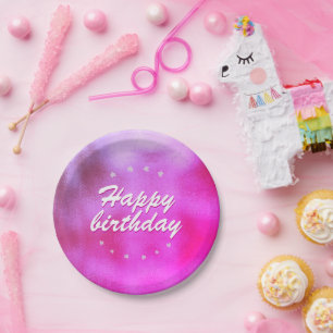 Pink Metallic Foil Star Girly Happy Birthday Pappteller