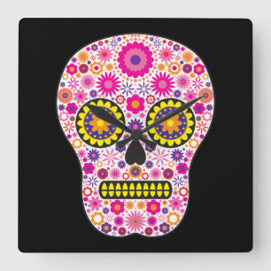 Pink Mexican Sugar Skull Quadratische Wanduhr