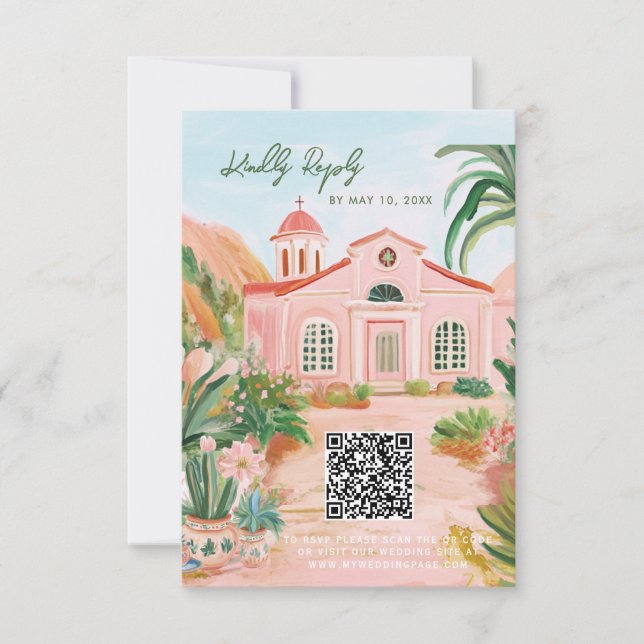 Pink Mexico Destination QR Code RSVP Karte (Vorderseite)
