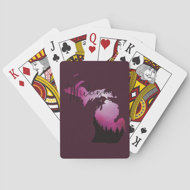 Pink Michigan Staat Karte Pine Forest Camping Trip Spielkarten (Rückseite)