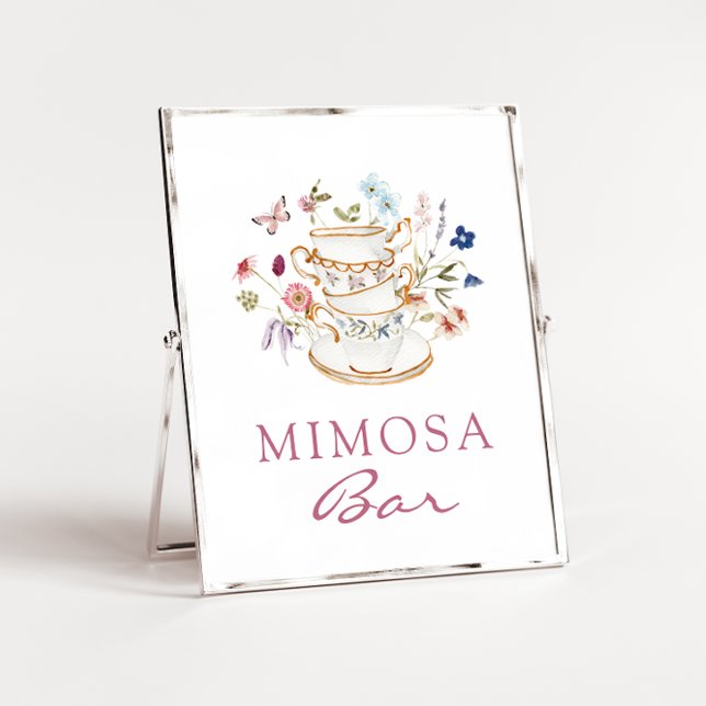 Pink Mimosa Bar Poster (Floral Tea Cup Pink Mimosa Bar Poster with Butterfly by Painted Paperie
)