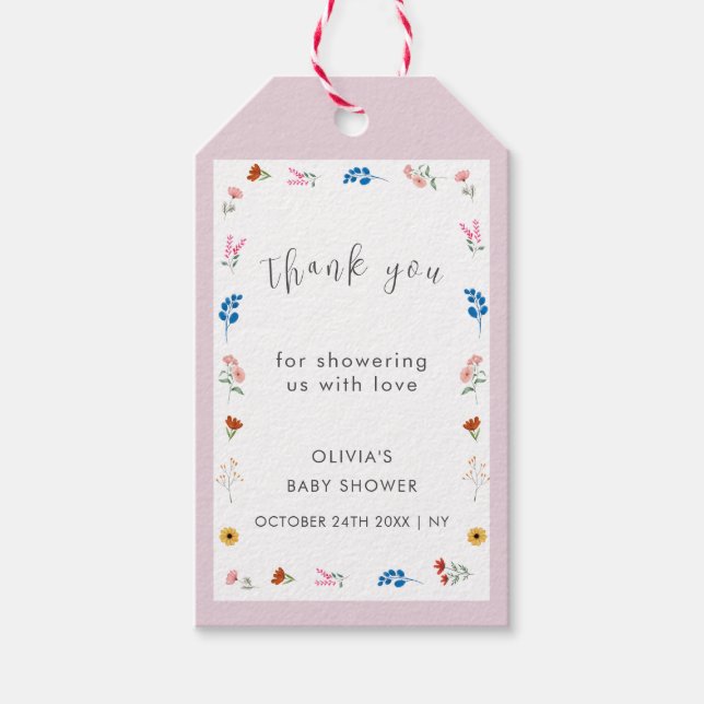 Pink Minimal Wildblume Kinderdusche Danke Geschenkanhänger (Vorderseite)