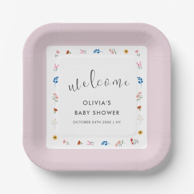 Pink Minimal Wildblume Kinderdusche Empfang Pappteller (Vorderseite)
