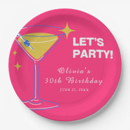 Pink Minimalist Cocktail 30th Birthday Paper Plate Pappteller