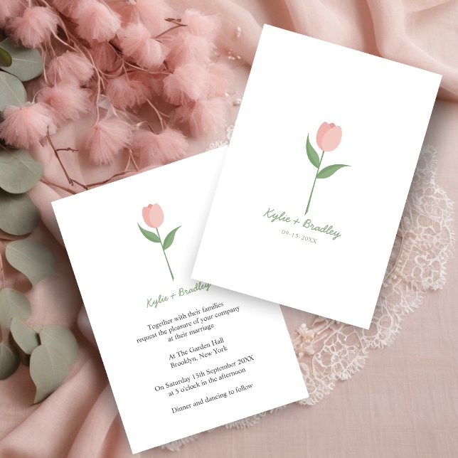 Pink Minimalist Tulip Einladung (This minimalist design with a pink tulip is elegant and simple as the current trend in weddings.)