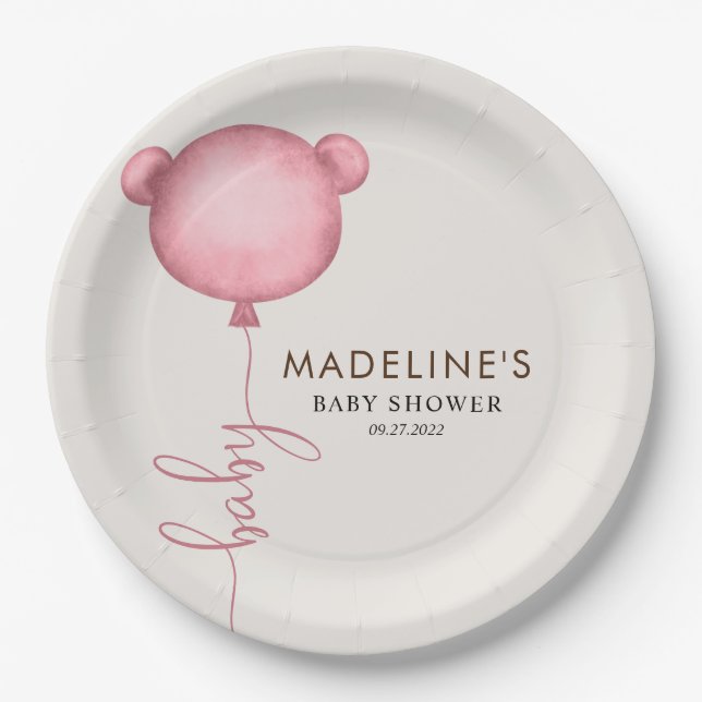 Pink Minimalistisch Bear Balloon Babydusche Pappteller (Vorderseite)