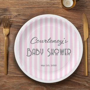 Pink minimalistisch gestreifte Babydusche Pappteller