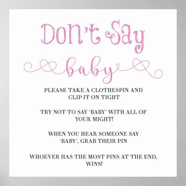 Pink Minimalistische Schrift Say Baby Shower nicht Poster (Vorne)