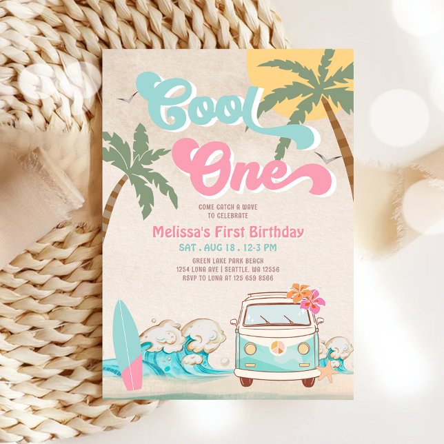 Pink Mint Cool ONE Surfen 1. Geburtstag Einladung (Von Creator hochgeladen)