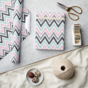 Pink Mint Gray Zigzags Ikat Muster Geschenkpapier