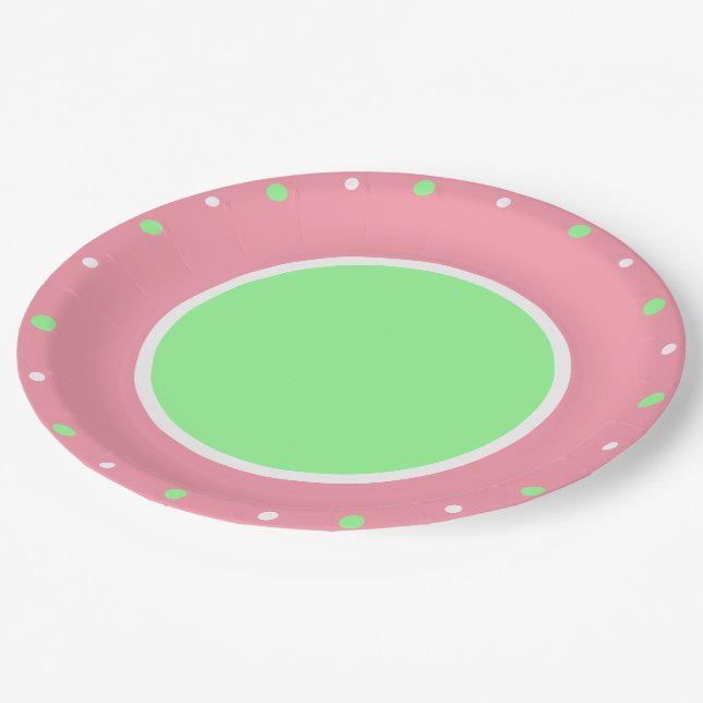 Pink Mint Green Geometric Polka Dots Pappteller (Schrägansicht)