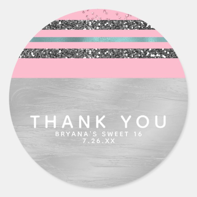 Pink Mint Green & Silver Glitzer Sweet 16 Party Runder Aufkleber (Vorderseite)