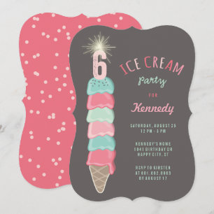 Pink Mint Ice Cream Girl 6. Geburtstagsparty Einla Einladung