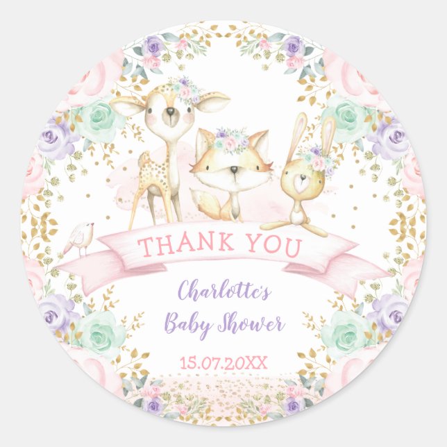 Pink Mint Lila Floral Tribal Woodland Tiere Runder Aufkleber (Vorderseite)