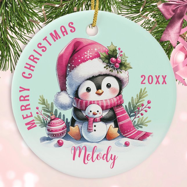 Pink Mint Mit Monogramm Frohe Weihnachten Niedlich Keramik Ornament (Von Creator hochgeladen)
