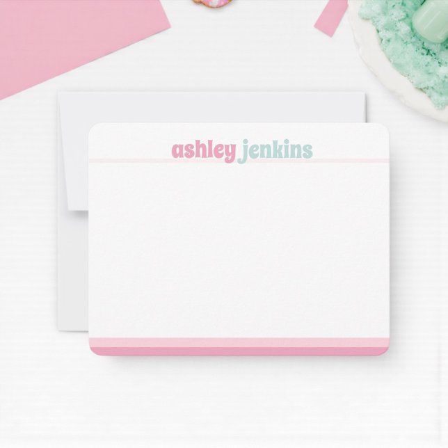 Pink & Mint Modern Name Note Card, Minimalist Mitteilungskarte (Modern pink and mint personalized stationery)