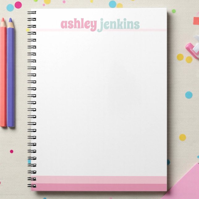 Pink & Mint Personalized Name Spiral Notebook Notizblock (Custom name notebook in pastel pink and mint colors)