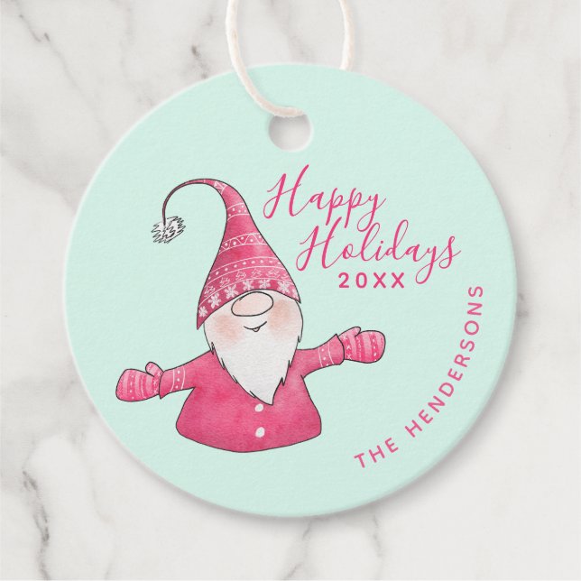 Pink Mint Weihnachten Gnome Custom Happy Holidays Geschenkanhänger (Vorderseite)