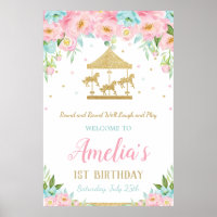 Pink Minze floral Karussell 1. Geburtstag Willkomm