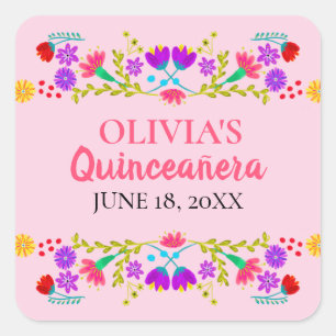 Pink Mis Quince Anos Mexican Fiesta Floral Quadratischer Aufkleber