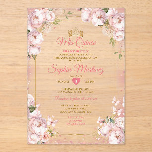 Pink Mis Quince Crown Gold Quinceñera Butterfly Acryleinladungen