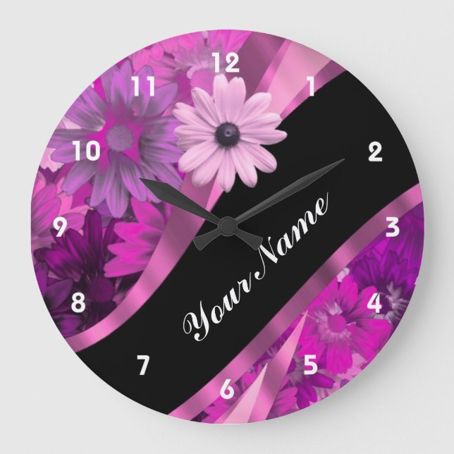 Pink mit Blumen Große Wanduhr (Vorderseite)