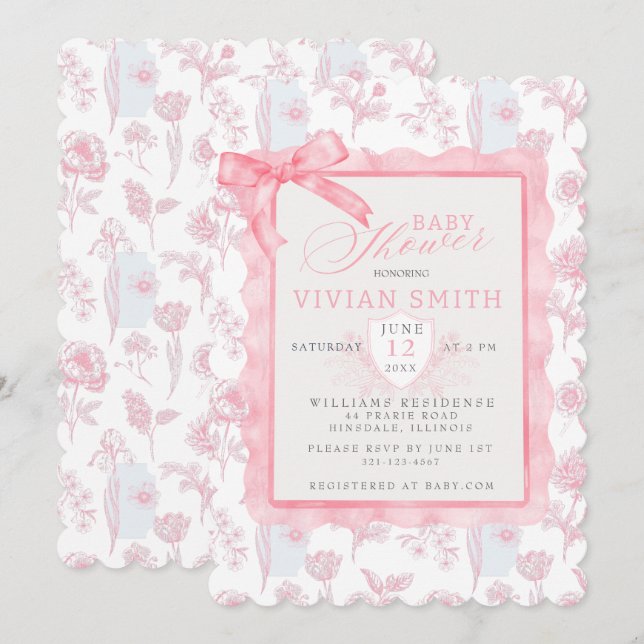 Pink mit Bogen Chinoiserie Baby Dusche Einladung (Vorne/Hinten)