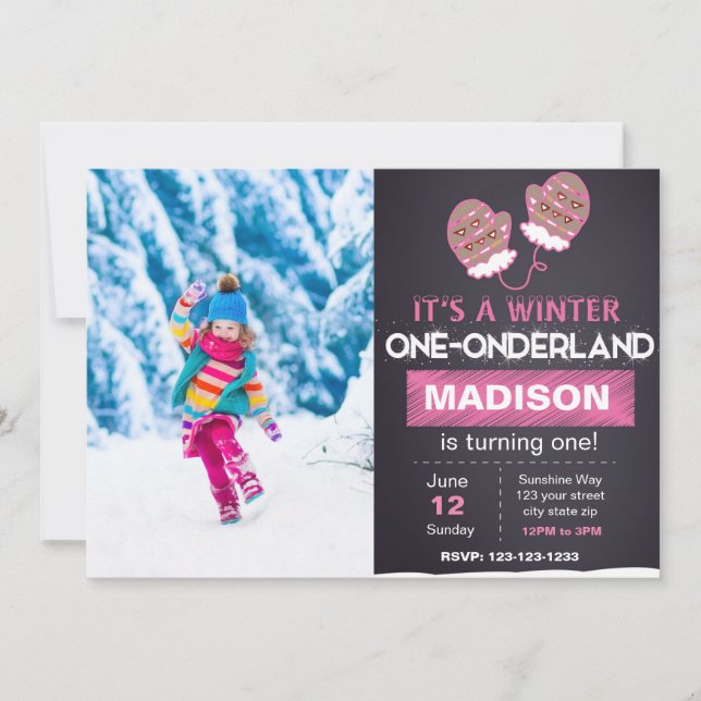 Pink Mitten Geburtstag Einladung mit Foto (Vorderseite)