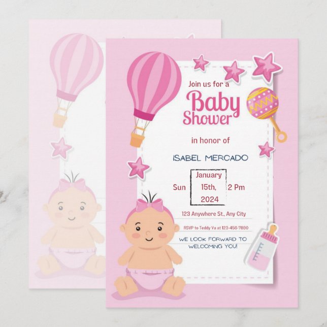Pink Modern Baby Dusche Einladung (Vorne/Hinten)