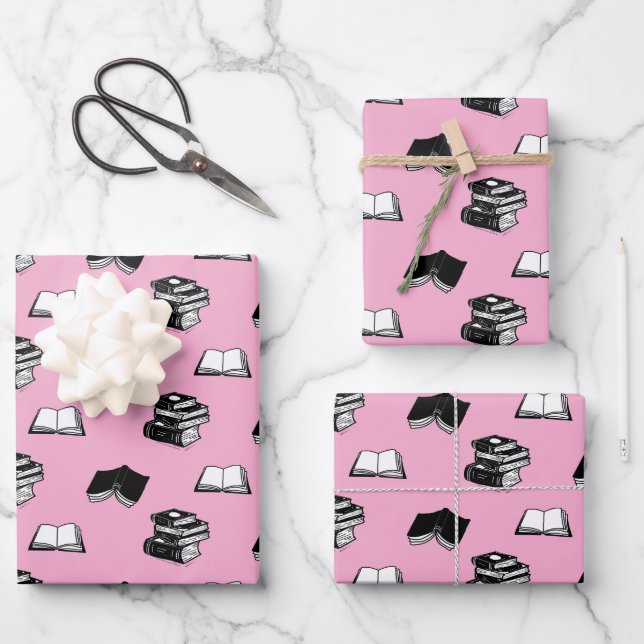 Pink Modern buchhalterisch Bibliophile Buchmuster Geschenkpapier Set (Vorderseite)