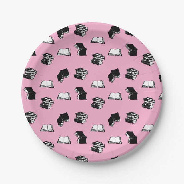 Pink Modern buchhalterisch Bibliophile Buchmuster Pappteller (Vorderseite)