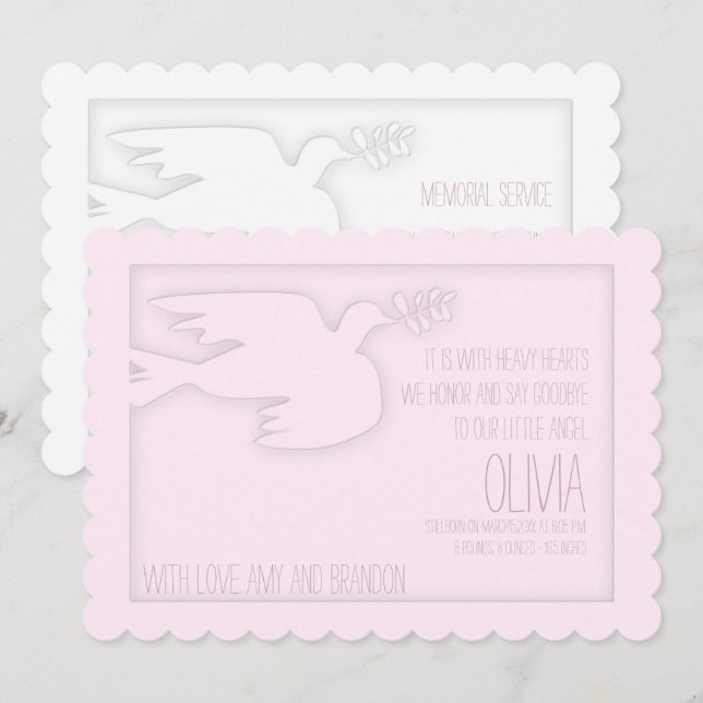 Pink Modern Dove Baby Custom Celebration of Life Einladung (Vorne/Hinten)