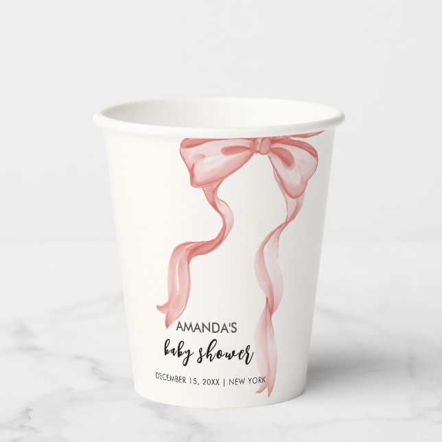 Pink Modern Elegante Bow Girl Babydusche Pappbecher (Vorderseite)