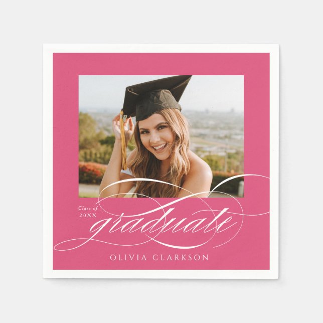 Pink Modern Elegante Script Foto Graduation Party Serviette (Vorderseite)