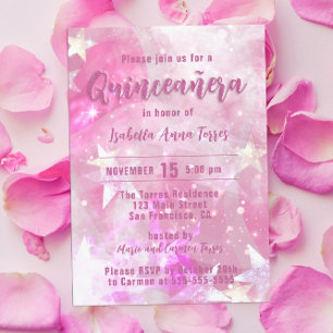 Pink Modern Glaaming Starry Quinceañera Einladung