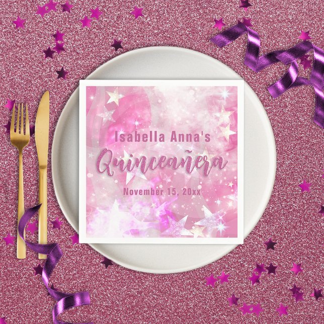 Pink Modern Glaaming Starry Quinceañera Serviette (Von Creator hochgeladen)