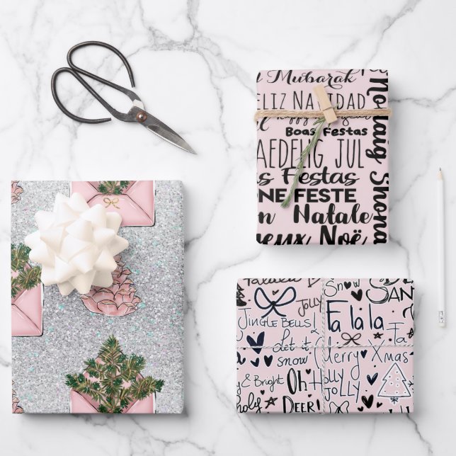 Pink Modern Holiday Wrapping Paper Geschenkpapier Set (Vorderseite)