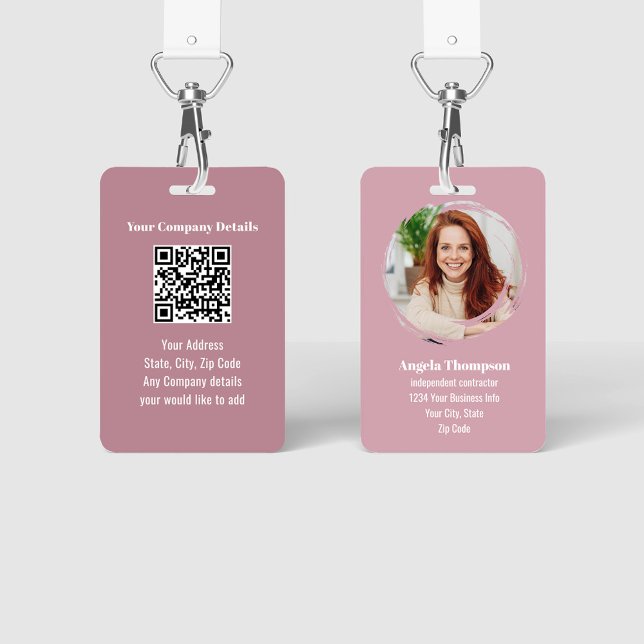 Pink Modern Photo QR Code Employee Ausweis (Pink business photo ID Badge with QR code template.)