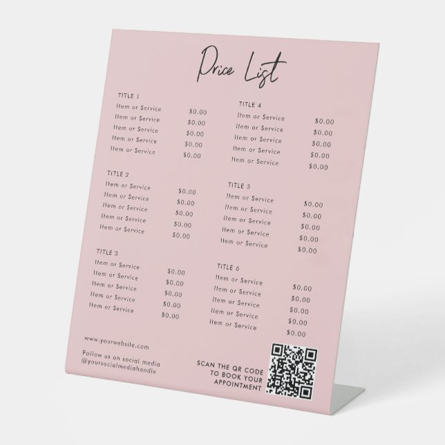 Pink Modern Price List Menü QR Code Social Media Sockelschild (Vorderseite)