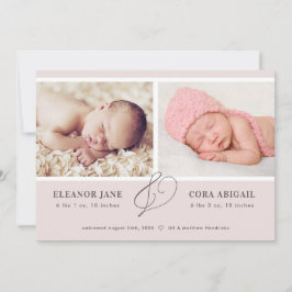 Pink Modern Twin Girls Foto Birth Ankündigung