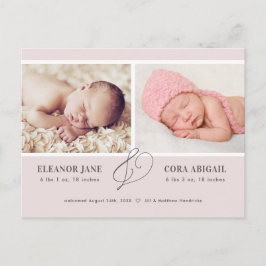 Pink Modern Twin Girls Foto Geburtserklärung Postkarte