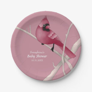 Pink Modern Watercolor Kardinal Bird Pappteller