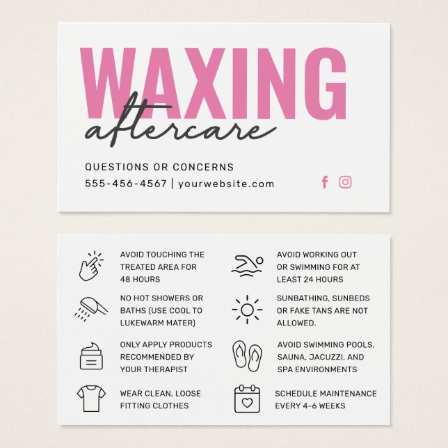 Pink Modern Waxing Aftercare Card Hair Removal (Vorne & Hinten)