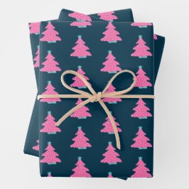 Pink Moderne Weihnachtsbaumen auf Navy Blue Geschenkpapier Set