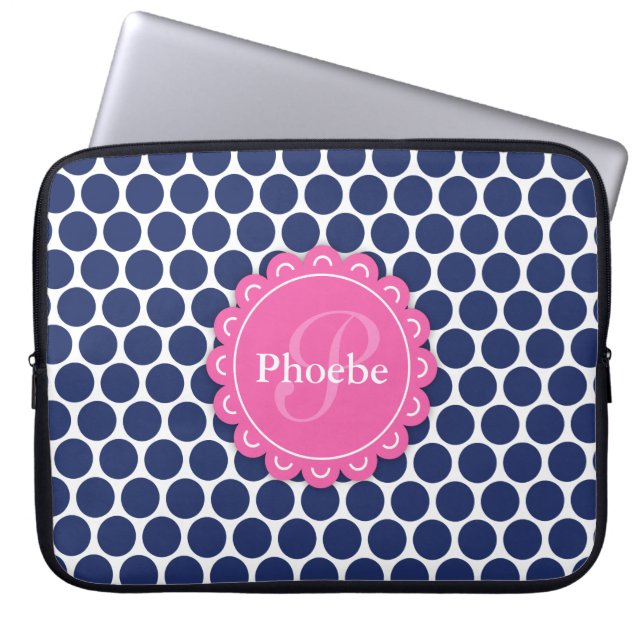 Pink Modernes Blume Monogram Blue Polka Dot Muster Laptopschutzhülle (Vorderseite)